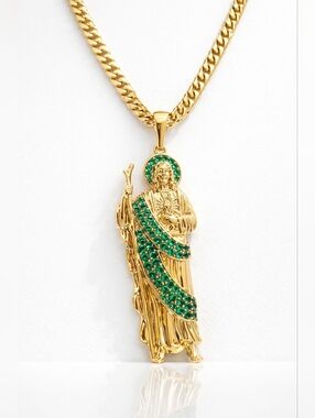 Gold Saint Jude Pendant Necklace Green CZ Cuban Chain Religious 24"